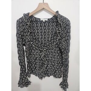 White House Black Market Popcorn Knit Ruffle Top Black White Floral Bell Sleev L